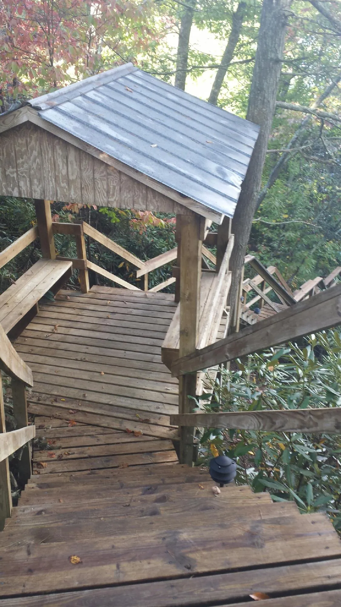 Metal roofed shelter over wooden steps on a wooded walkway — Skylight Repair & Installation work by our crew in Rosman